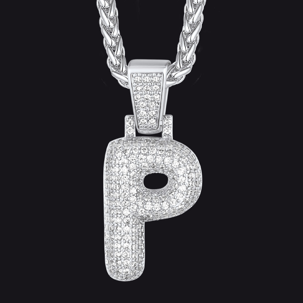Silver / P CZ Bubble Letter Initial Necklace for Men Women