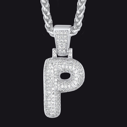 Silver / P CZ Bubble Letter Initial Necklace for Men Women
