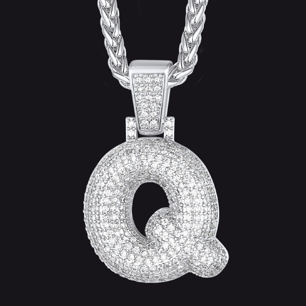 Silver / Q CZ Bubble Letter Initial Necklace for Men Women