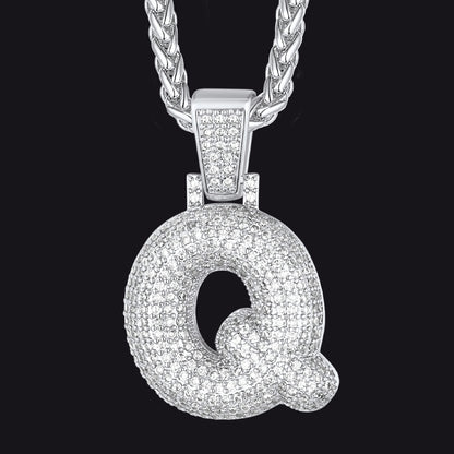 Silver / Q CZ Bubble Letter Initial Necklace for Men Women