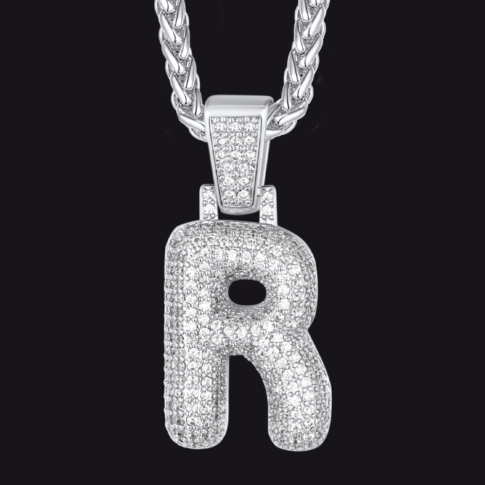 Silver / R CZ Bubble Letter Initial Necklace for Men Women