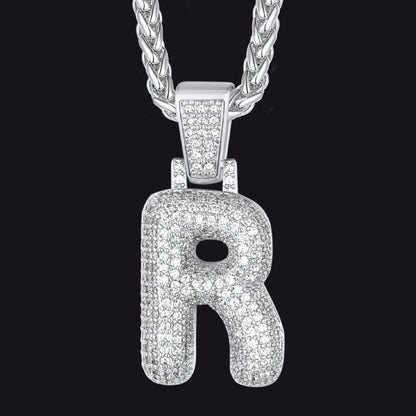 Silver / R CZ Bubble Letter Initial Necklace for Men Women
