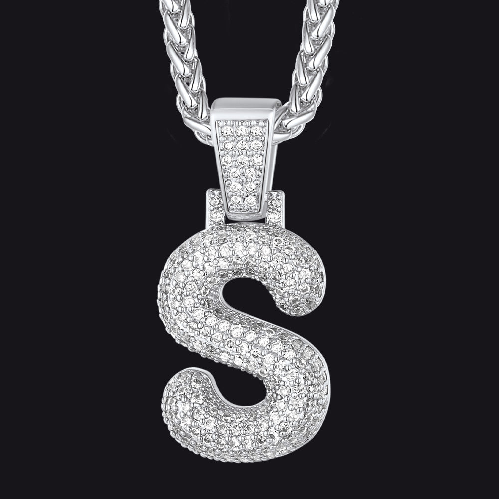 Silver / S CZ Bubble Letter Initial Necklace for Men Women