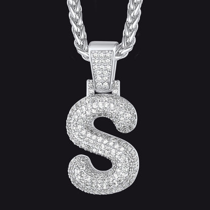 Silver / S CZ Bubble Letter Initial Necklace for Men Women