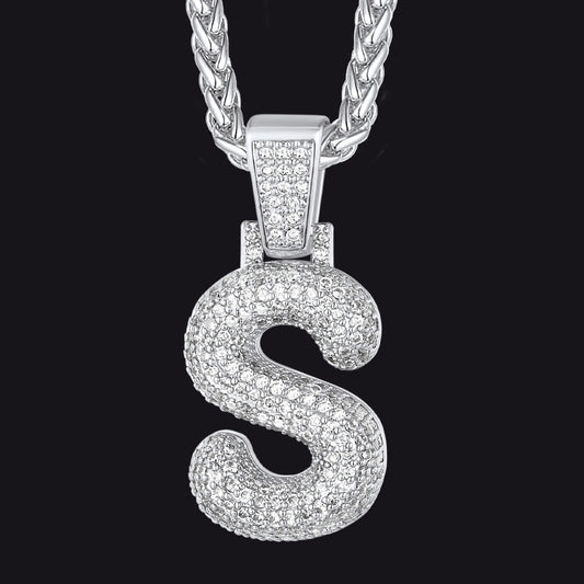 Silver / S CZ Bubble Letter Initial Necklace for Men Womenimg