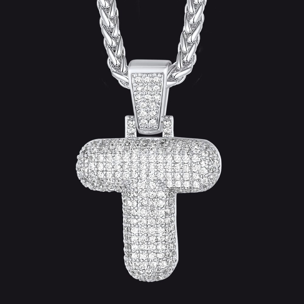 Silver / T CZ Bubble Letter Initial Necklace for Men Women