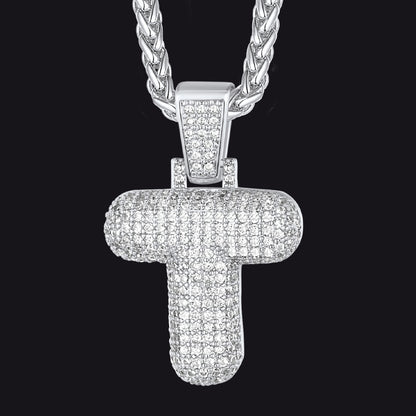 Silver / T CZ Bubble Letter Initial Necklace for Men Women