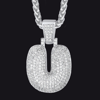Silver / U CZ Bubble Letter Initial Necklace for Men Women