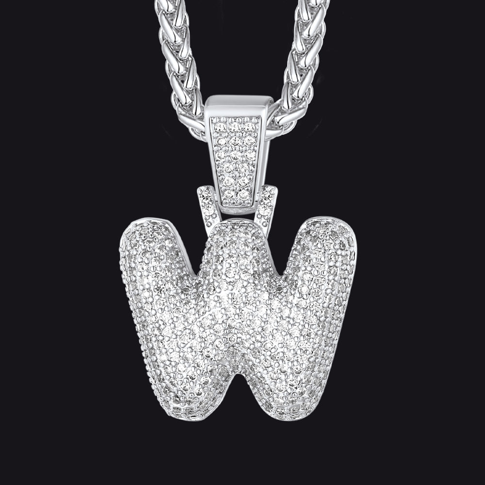 Silver / W CZ Bubble Letter Initial Necklace for Men Women