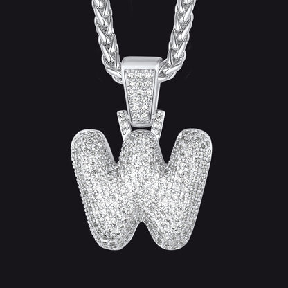 Silver / W CZ Bubble Letter Initial Necklace for Men Women