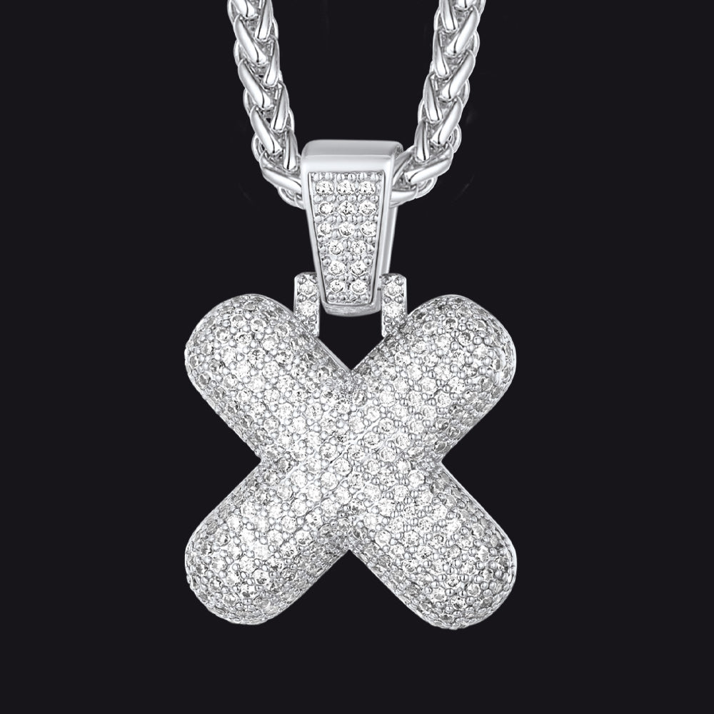 Silver / X CZ Bubble Letter Initial Necklace for Men Women
