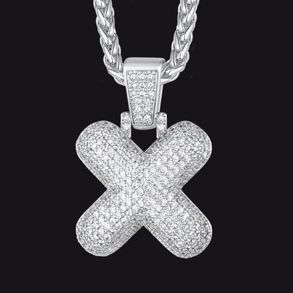 Silver / X CZ Bubble Letter Initial Necklace for Men Women