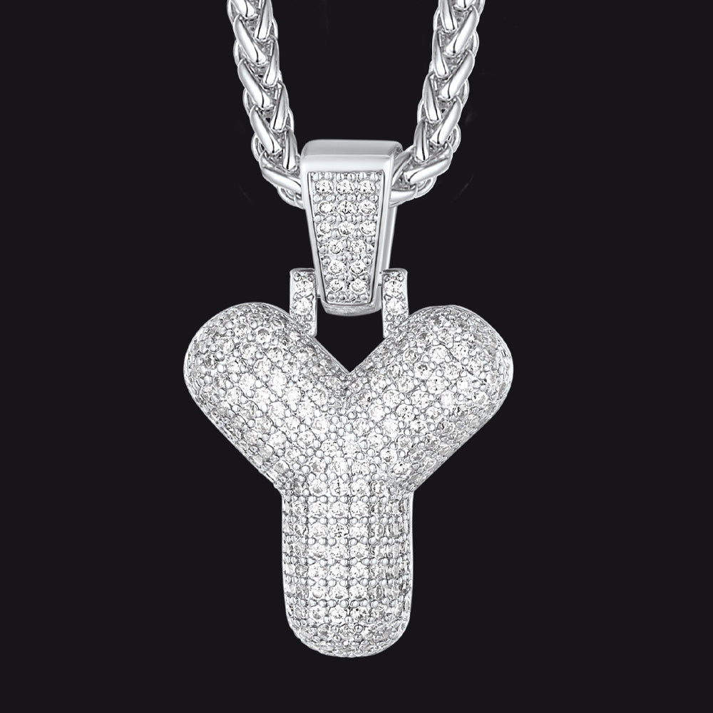 Silver / Y CZ Bubble Letter Initial Necklace for Men Women