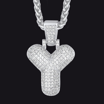Silver / Y CZ Bubble Letter Initial Necklace for Men Women