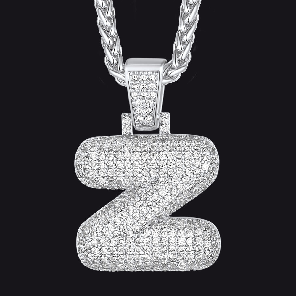 Silver / Z CZ Bubble Letter Initial Necklace for Men Women