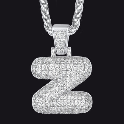 Silver / Z CZ Bubble Letter Initial Necklace for Men Women