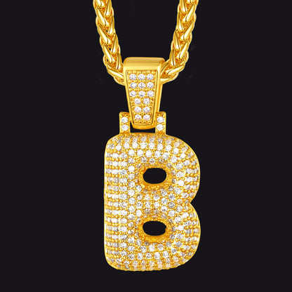 Gold / B CZ Bubble Letter Initial Necklace for Men Women