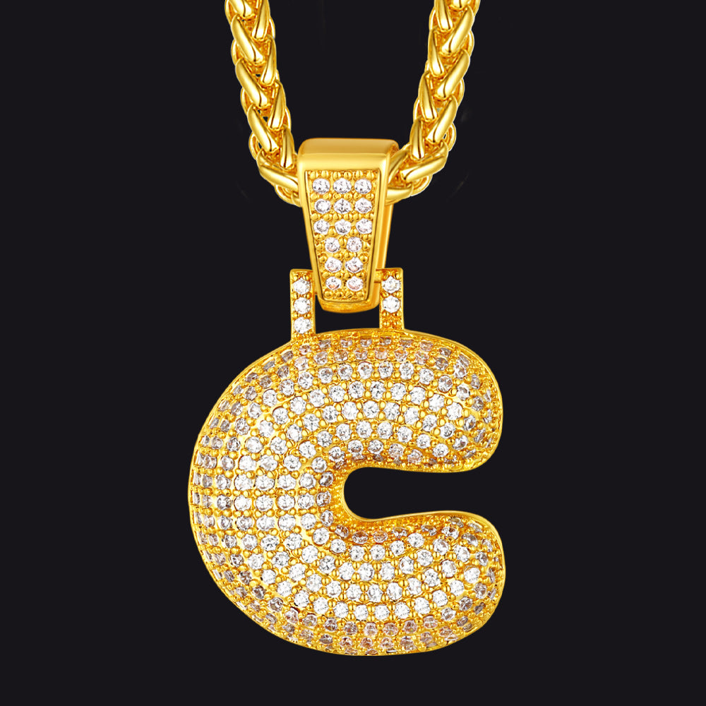 Gold / C CZ Bubble Letter Initial Necklace for Men Women