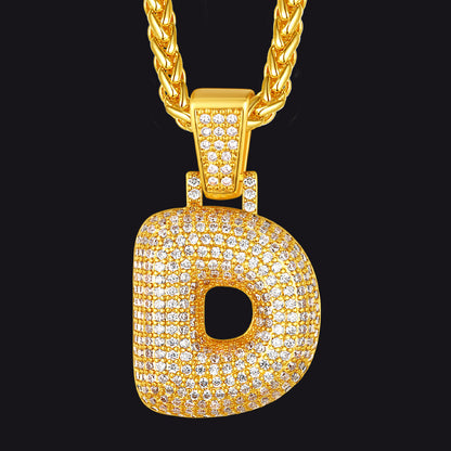 Gold / D CZ Bubble Letter Initial Necklace for Men Women