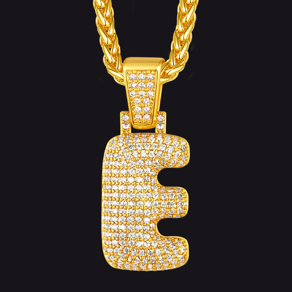 Gold / E CZ Bubble Letter Initial Necklace for Men Women