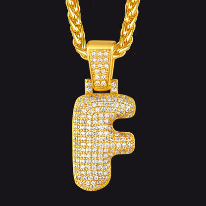 Gold / F CZ Bubble Letter Initial Necklace for Men Women