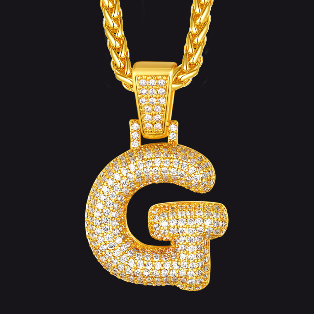 Gold / G CZ Bubble Letter Initial Necklace for Men Women