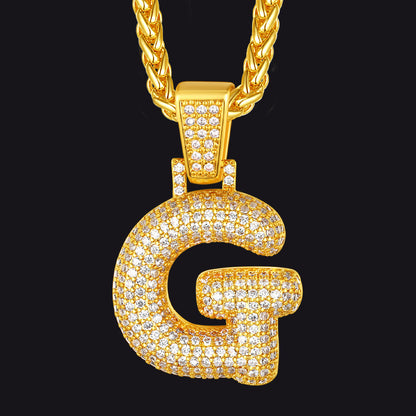 Gold / G CZ Bubble Letter Initial Necklace for Men Women