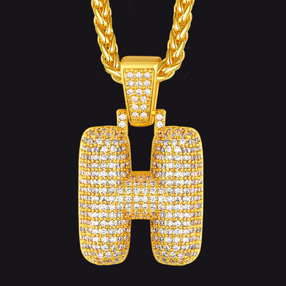 Gold / H CZ Bubble Letter Initial Necklace for Men Women