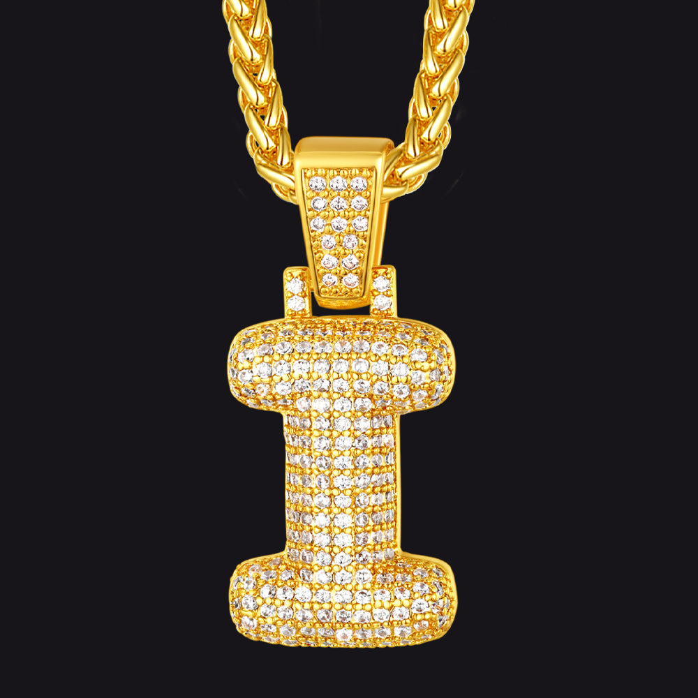 Gold / I CZ Bubble Letter Initial Necklace for Men Women