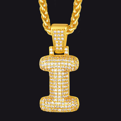 Gold / I CZ Bubble Letter Initial Necklace for Men Women