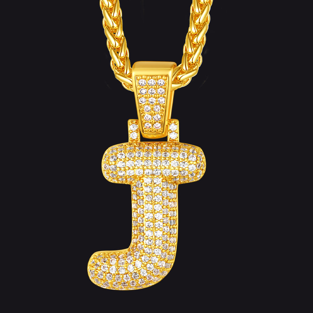 Gold / J CZ Bubble Letter Initial Necklace for Men Women