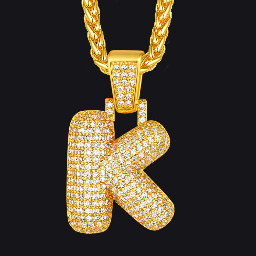 Gold / K CZ Bubble Letter Initial Necklace for Men Women
