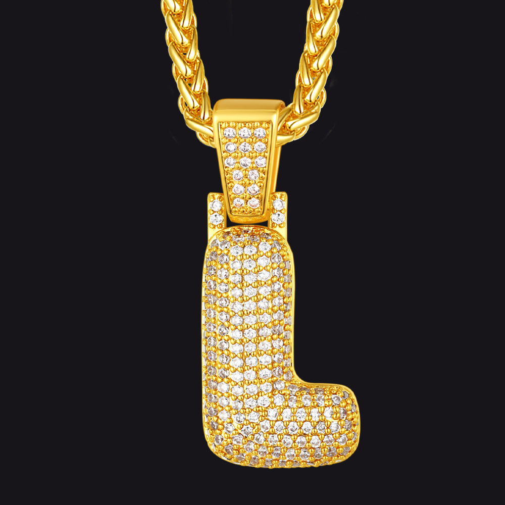 Gold / L CZ Bubble Letter Initial Necklace for Men Women