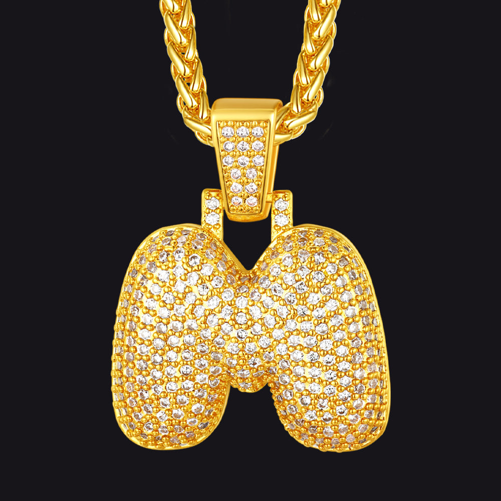 Gold / M CZ Bubble Letter Initial Necklace for Men Women