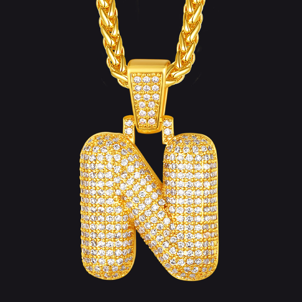 Gold / N CZ Bubble Letter Initial Necklace for Men Women