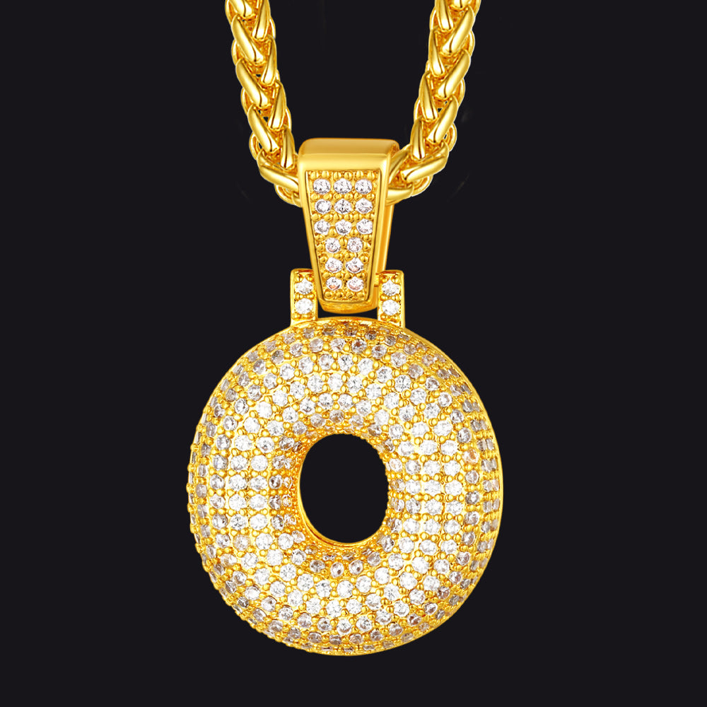 Gold / O CZ Bubble Letter Initial Necklace for Men Women