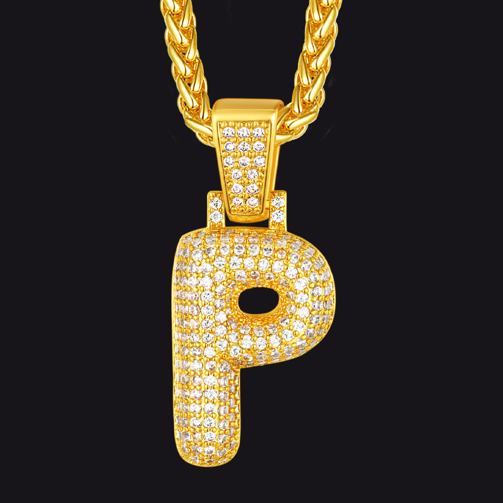 Gold / P CZ Bubble Letter Initial Necklace for Men Women