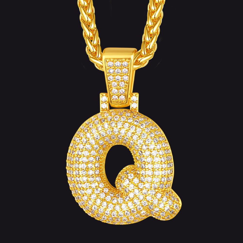 Gold / Q CZ Bubble Letter Initial Necklace for Men Women