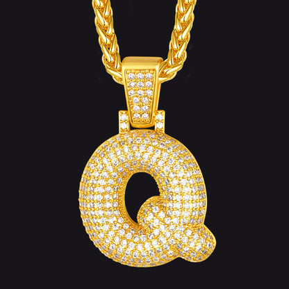 Gold / Q CZ Bubble Letter Initial Necklace for Men Women
