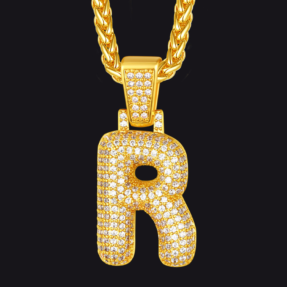 Gold / R CZ Bubble Letter Initial Necklace for Men Women