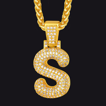 Gold / S CZ Bubble Letter Initial Necklace for Men Women