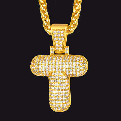 Gold / T CZ Bubble Letter Initial Necklace for Men Women