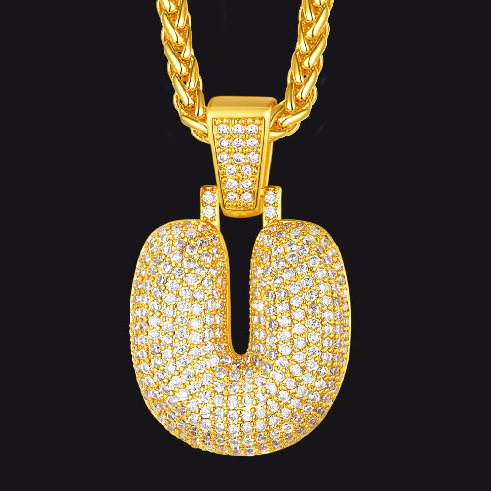 Gold / U CZ Bubble Letter Initial Necklace for Men Women