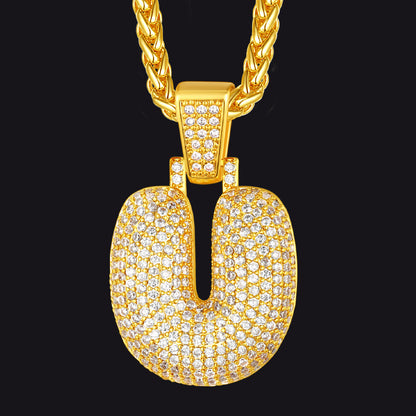 Gold / U CZ Bubble Letter Initial Necklace for Men Women