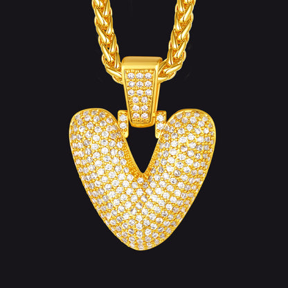 Gold / V CZ Bubble Letter Initial Necklace for Men Women