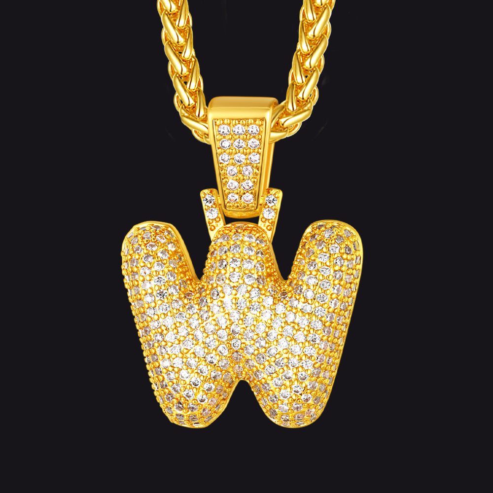 Gold / W CZ Bubble Letter Initial Necklace for Men Women