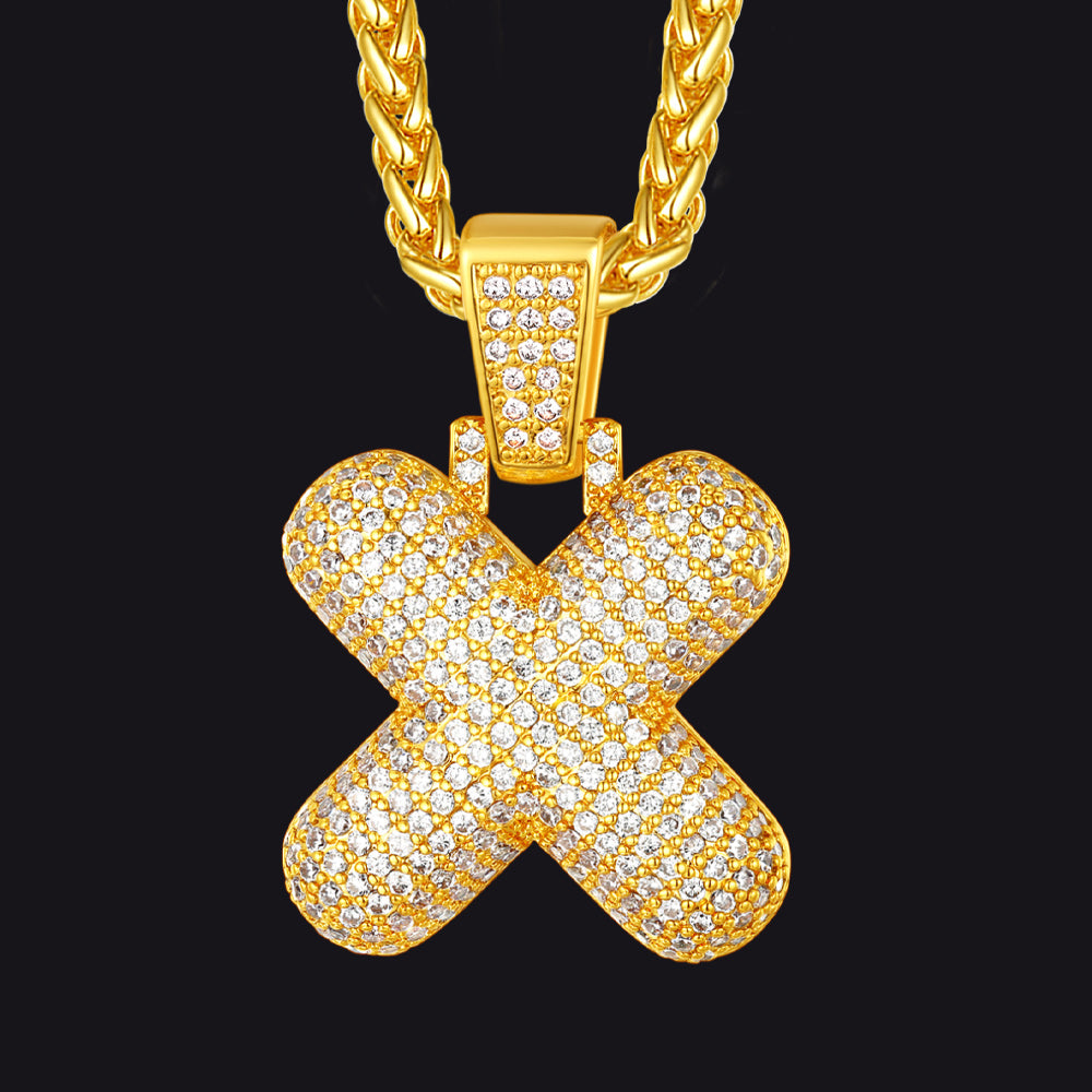 Gold / X CZ Bubble Letter Initial Necklace for Men Women