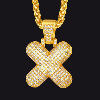 Gold / X CZ Bubble Letter Initial Necklace for Men Women