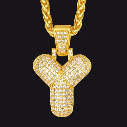 Gold / Y CZ Bubble Letter Initial Necklace for Men Women