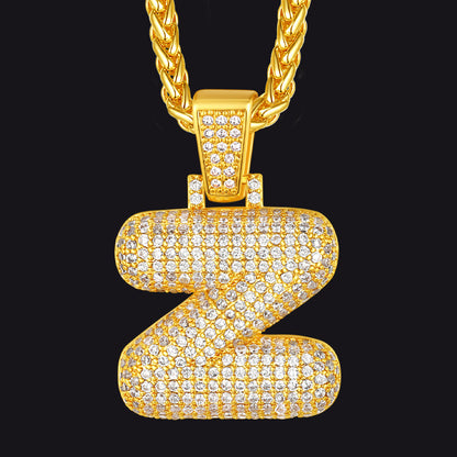 Gold / Z CZ Bubble Letter Initial Necklace for Men Women